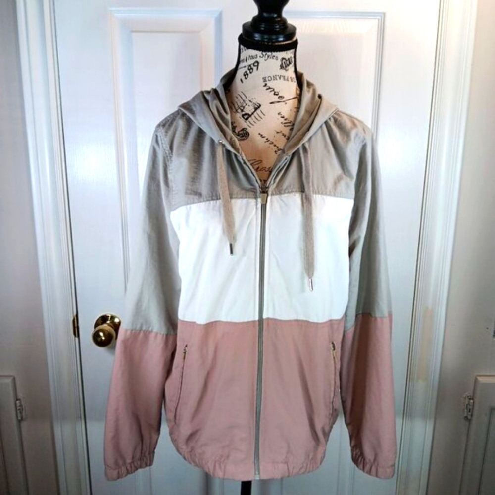 NWOT Tattoo Women's Lightweight Jacket Hooded Colorblock Gray White Pink Size L